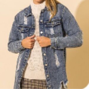 HYFVE Long distressed denim jacket. Medium wash. Small. NWOT.